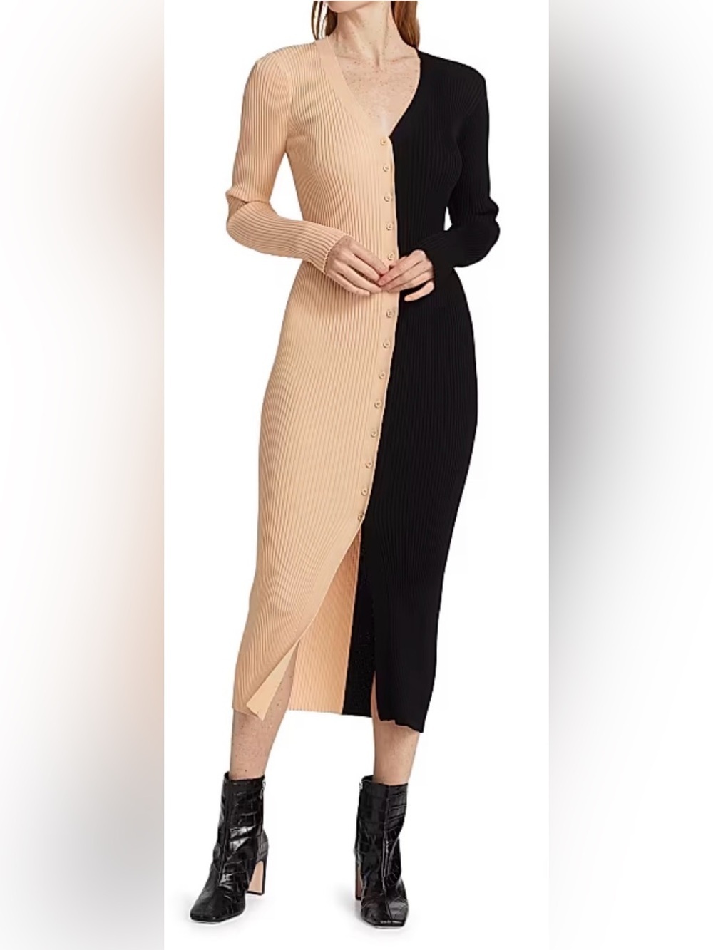 Staud Shoko Colorblocked Midi-Dress In Buff Black Color. Size S